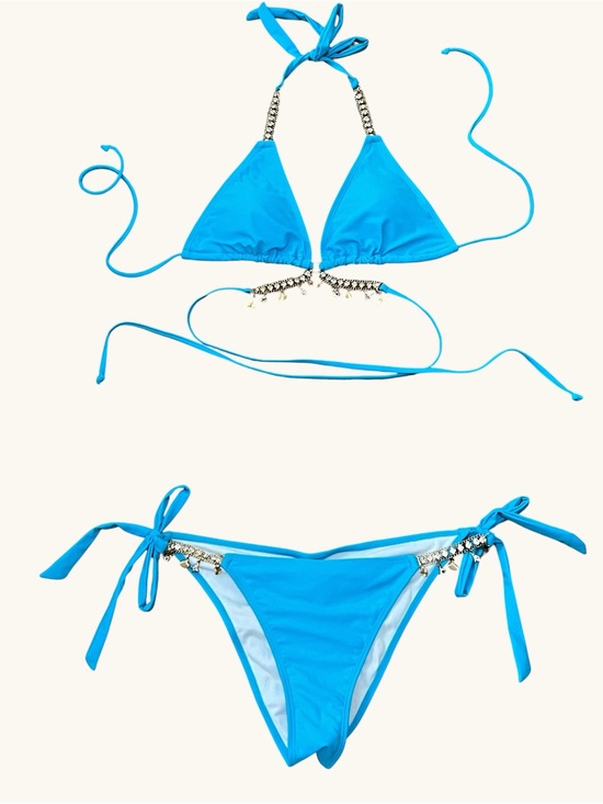 unbranded Other - Blue Tie-Side Triangle Bikini Set with Jewel Accents